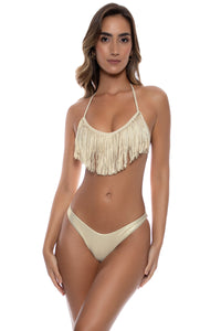 COSITA BUENA - Fringe Scoop Halter Top & High Leg Brazilian Bottom • Gold Rush