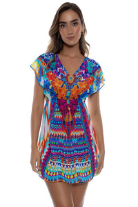 TRIBAL BEACH - Cap Sleeve Short Caftan • Multicolor