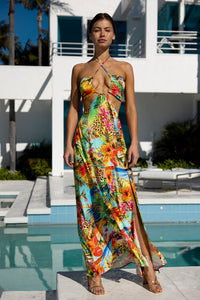 BIRDS OF PARADISE - Bandeau Cut Out Front Slit Dress • Multicolor