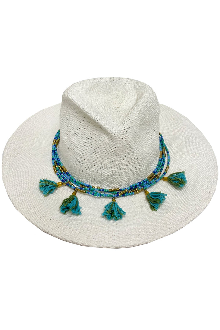 LULI HAT - Beaded Trim Fedora   • White|aqua