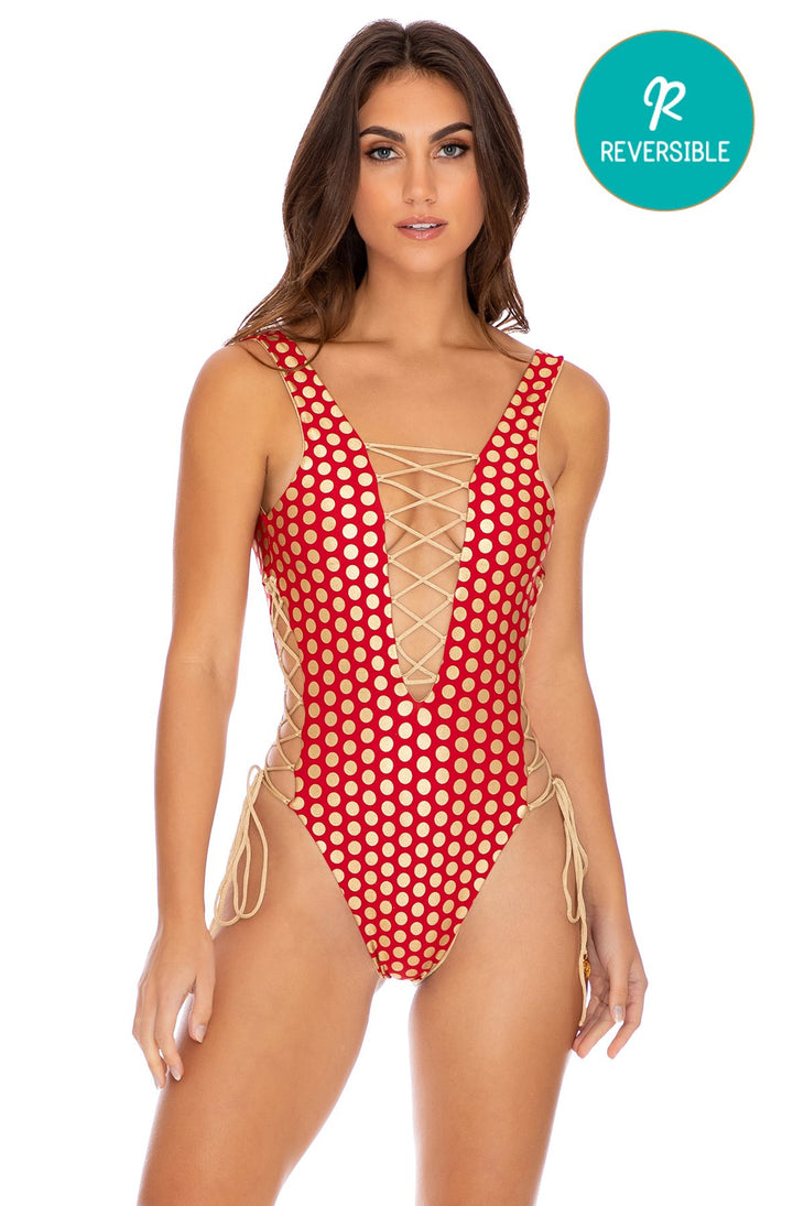 DOTTED DELIGHT - Open Side One Piece Bodysuit • Ruby Red