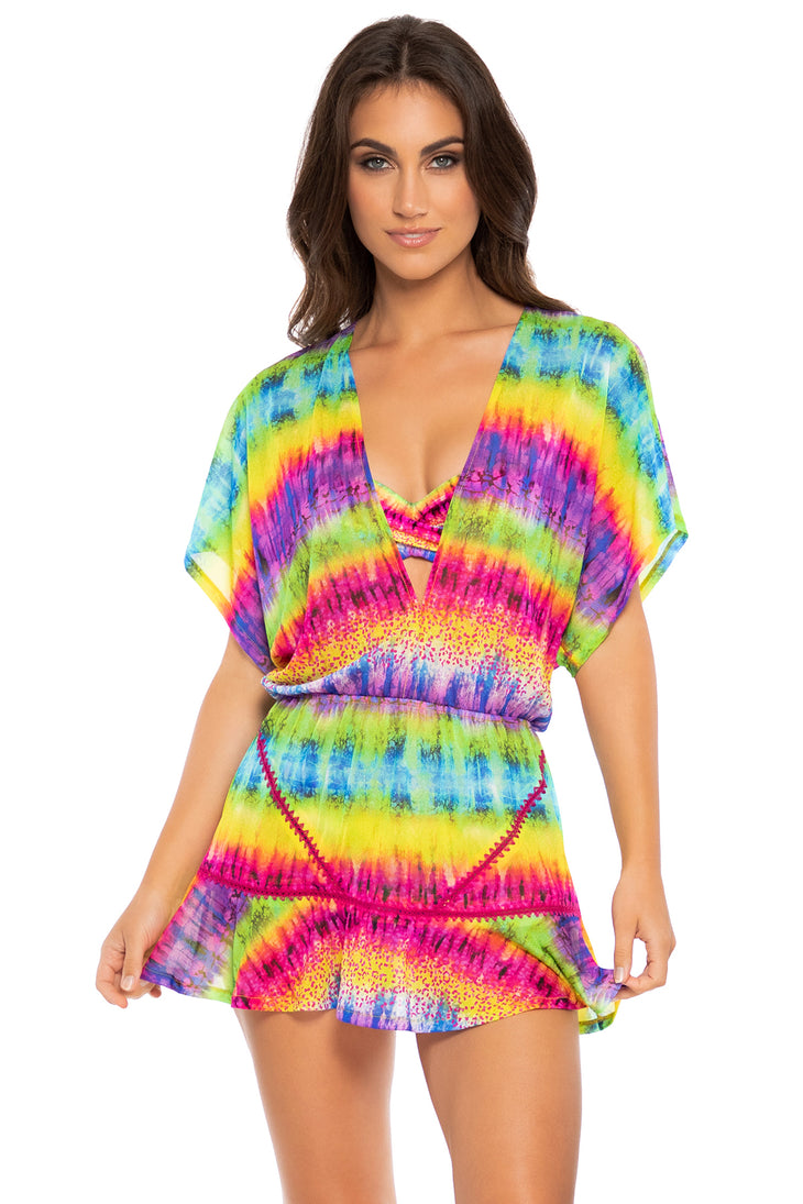 AFTERGLOW   Playera Stitched V neck Ruffle Dress • Multicolor