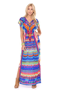 TRIBAL BEACH - Cap Sleeve Long Caftan • Multicolor