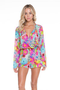 PARAISO - Wrap Front Long Sleeve Romper • Multicolor