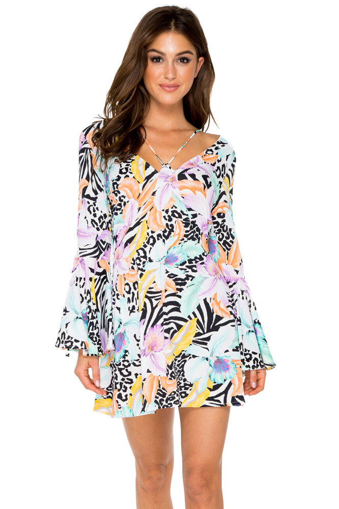 BUENA VISTA - V Neck Bell Sleeve Short Dress • Multicolor