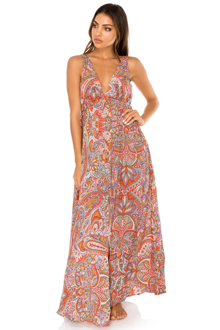 ANDALUZ - V Neck Long Dress • Multicolor