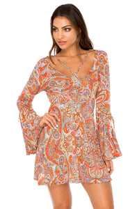 ANDALUZ - V Neck Bell Sleeve Short Dress • Multicolor