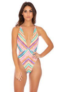 HEAT WAVES - Deep V Crossed Back One Piece • Multicolor