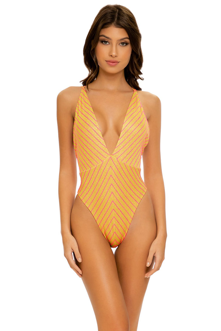 REBEL GLAM - Deep V Crossed Back One Piece • Disco Gold