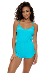 BEACH FUZZ - Spaghetti Strap Short Romper • Daydream Blue