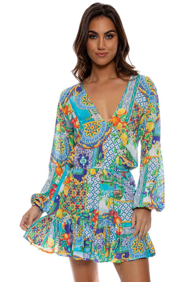 AMALFI - Deep V Frill Hem Dress • Multicolor